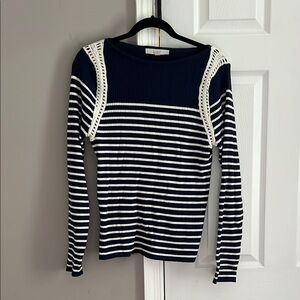 LOFT White and Blue Fitted Embellished Long Sleeve Top